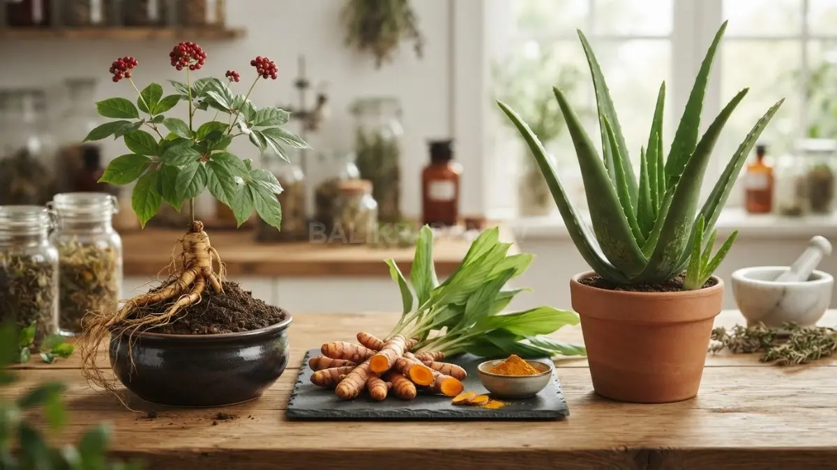 Ilustrasi ginseng, kunyit, dan lidah buaya sebagai tiga tanaman herbal yang telah dikenal luas di berbagai negara karena manfaat kesehatannya. (BTV/AI)