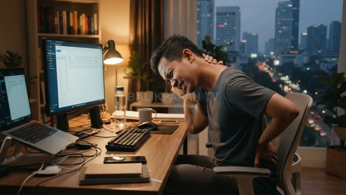 Ilustrasi pekerja yang menatap layar komputer berjam-jam dengan posisi duduk kurang ergonomis.(BTV/AI)