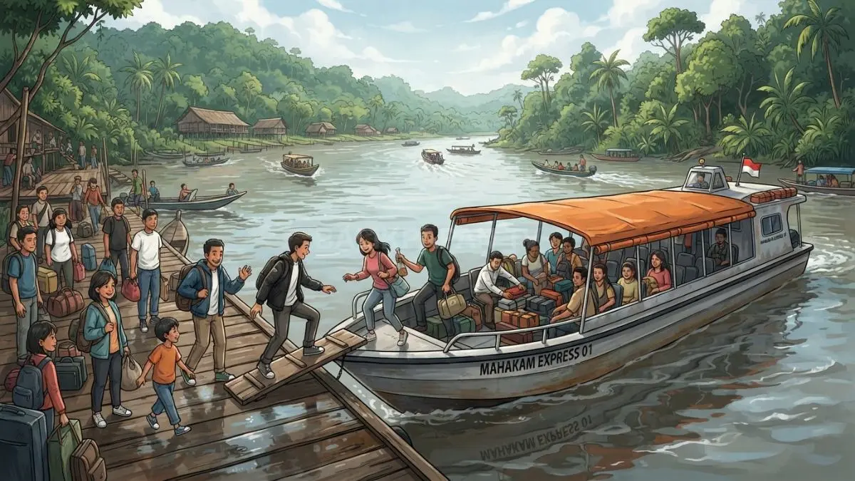 Ilustrasi penumpang mengantri menaiki speedboat Mahakam Ulu untuk perjalanan antardaerah melalui sungai secara aman. (BTV/AI)