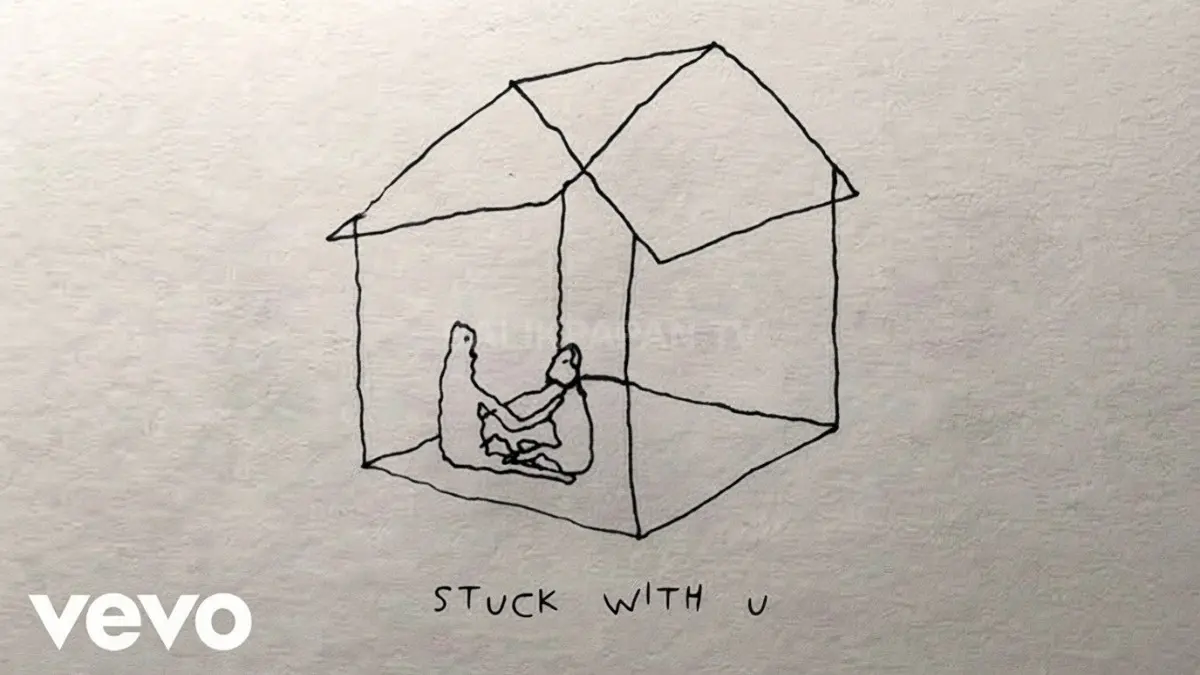 Ilustrasi sampul lagu Stuck with U menampilkan gambar rumah hangat bernuansa piringan hitam klasik. (BTV/Ai)