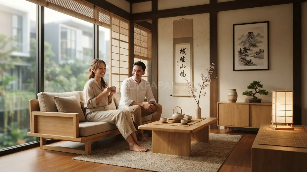 Inspirasi ruang tamu Jepang mengutamakan kesederhanaan, keseimbangan, kenyamanan, serta sentuhan dekorasi bernilai estetika tinggi alami. (BTV/AI)