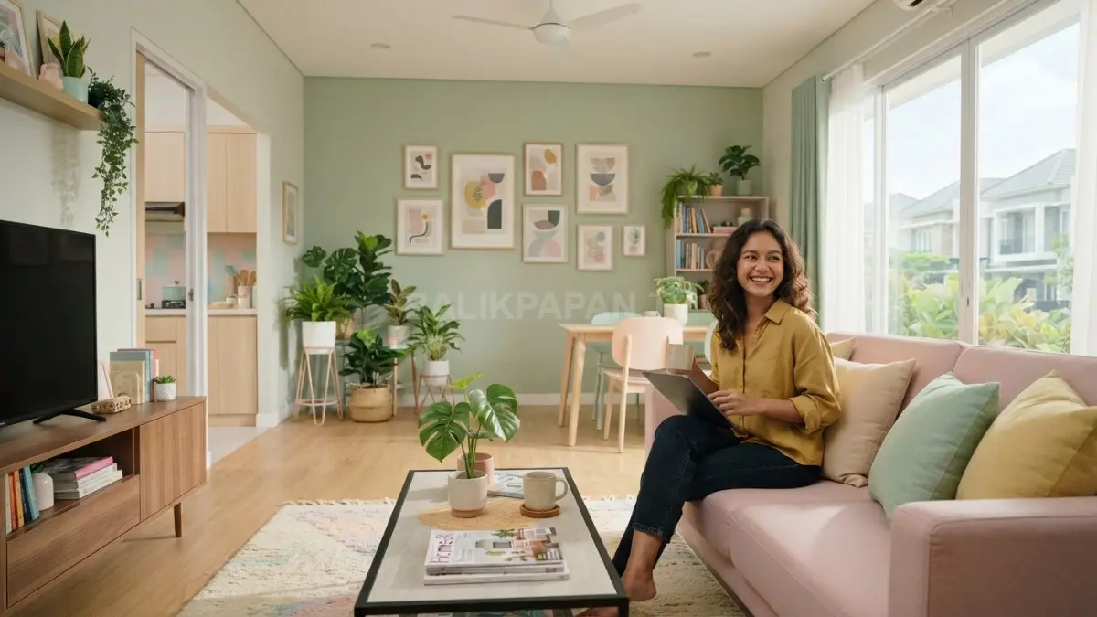 Interior rumah modern penuh warna pastel, tanaman hias, dan karya seni. (BTV/AI)
