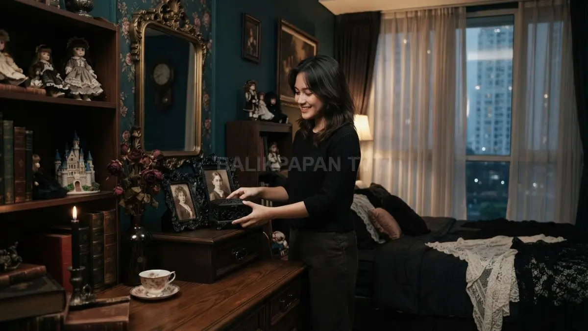 Kamar bergaya Dark Gothic Lolita memadukan dekorasi antik, warna gelap, dan elemen romantis bergaya Victorian elegan. (BTV/AI)