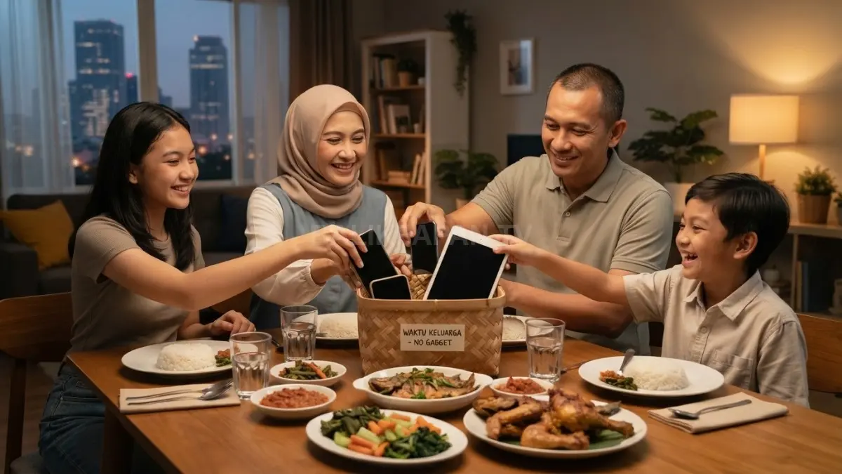 Keluarga menyimpan gadget saat makan bersama untuk mengurangi screen time.(BTV/AI)