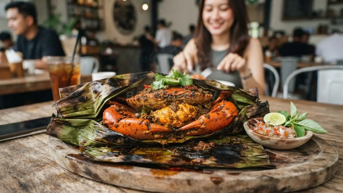 kepiting dengan daging kepiting berbumbu rempah yang dibungkus daun pisang dan dibakar hingga mengeluarkan aroma harum. (BTV/AI)