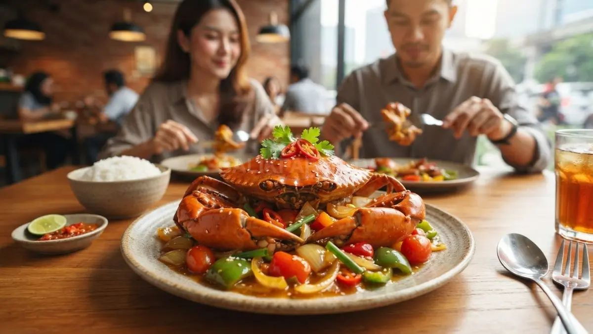 Kepiting saus asam manis dengan perpaduan paprika merah, hijau, dan bawang bombai yang menghasilkan tampilan menggugah selera. (BTV/AI)
