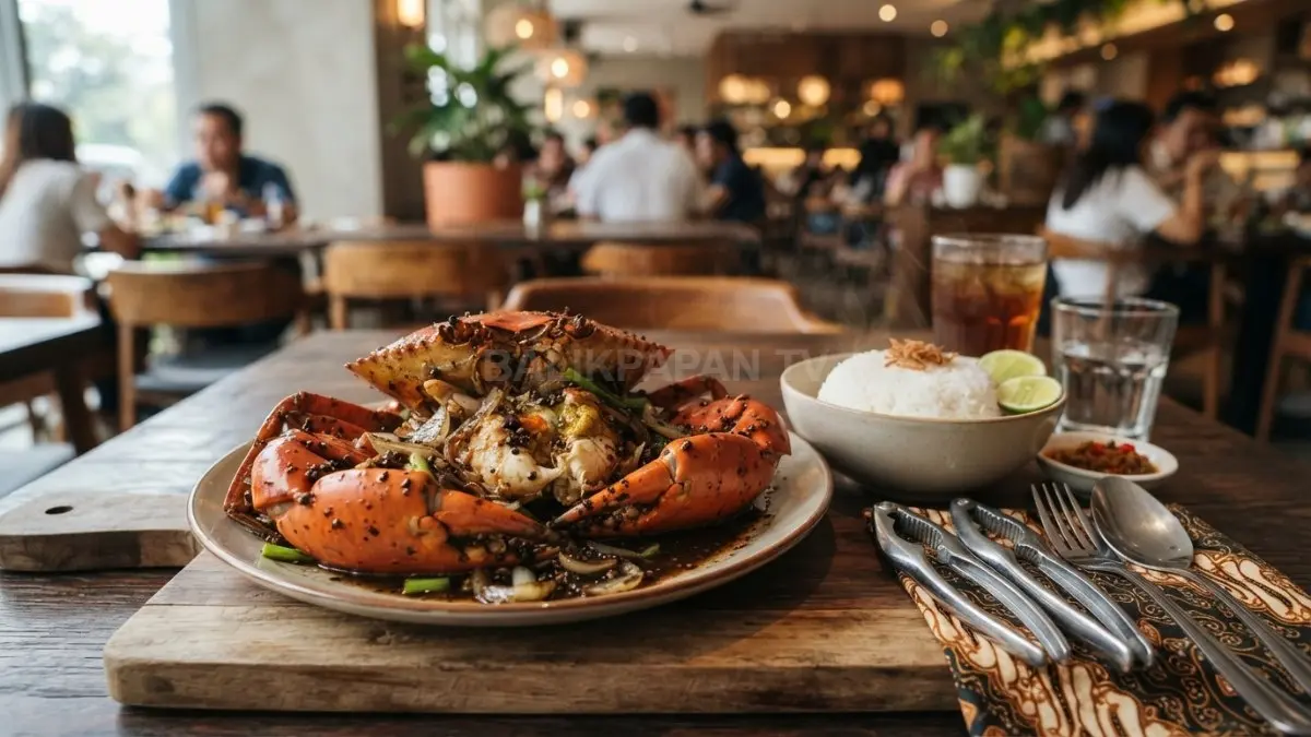 Kepiting saus lada hitam dengan bumbu pekat bercampur merica hitam utuh, disajikan bersama nasi putih hangat. (BTV/AI)