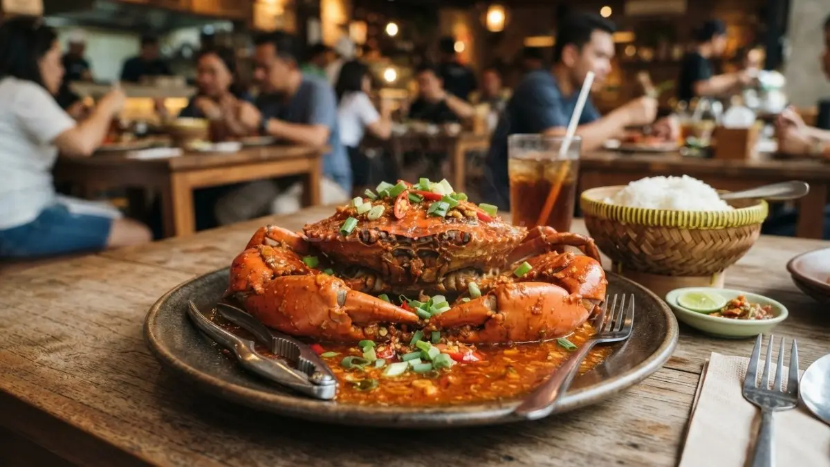 Kepiting segar berukuran besar yang disiram saus Padang kental berwarna merah dengan taburan daun bawang, disajikan hangat di restoran seafood. (BTV/AI)