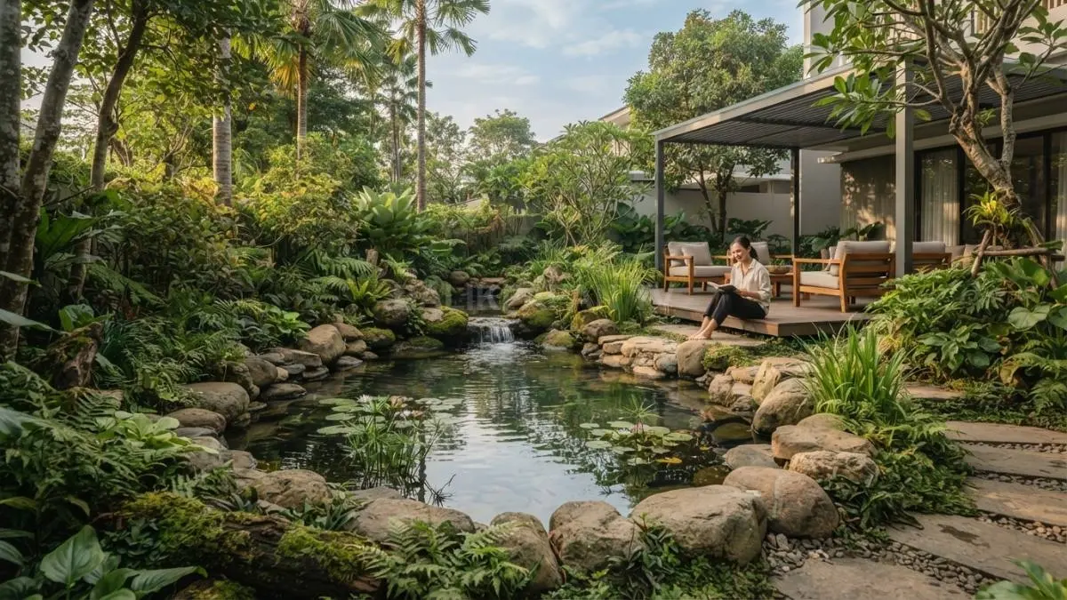 Kolam refleksi dan batu alam menciptakan halaman bergaya Kanada yang alami, sejuk, serta nyaman untuk bersantai. (BTV/AI)