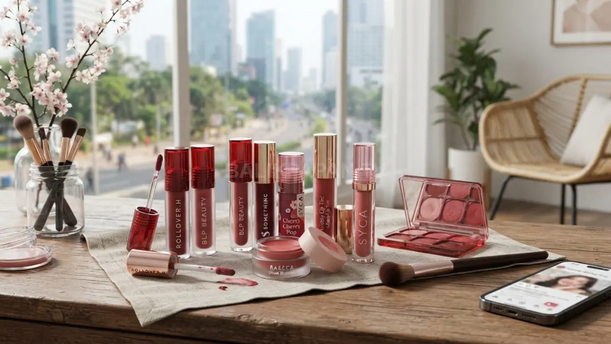 Koleksi produk makeup bernuansa cherry seperti lip tint, cream blush, dan lip gloss yang digunakan untuk riasan sehari-hari. (BTV/AI)