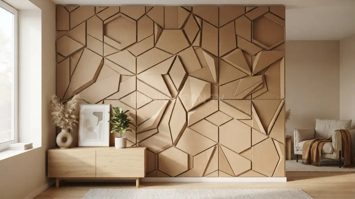 Kreasi panel akustik geometris dari kardus bekas menciptakan hiasan dinding bernuansa modern dan ramah lingkungan. (BTV/Ai)