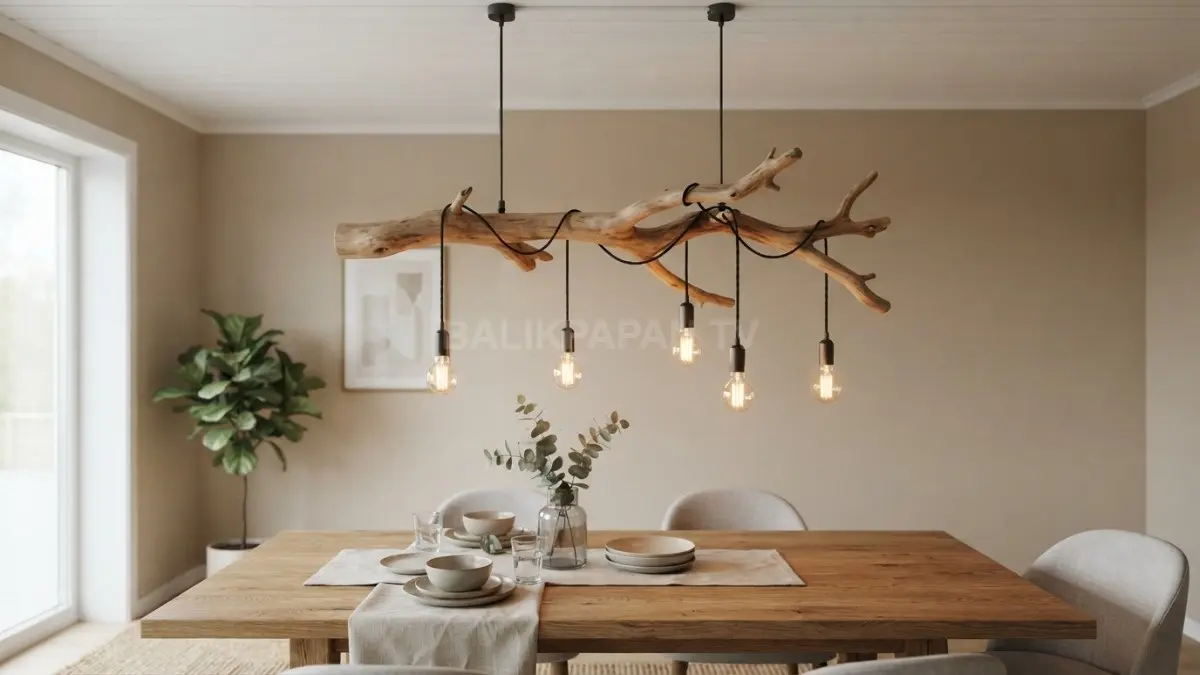 Lampu gantung batang kayu rustic modern menciptakan suasana ruang makan yang hangat dan elegan. (BTV/Ai)
