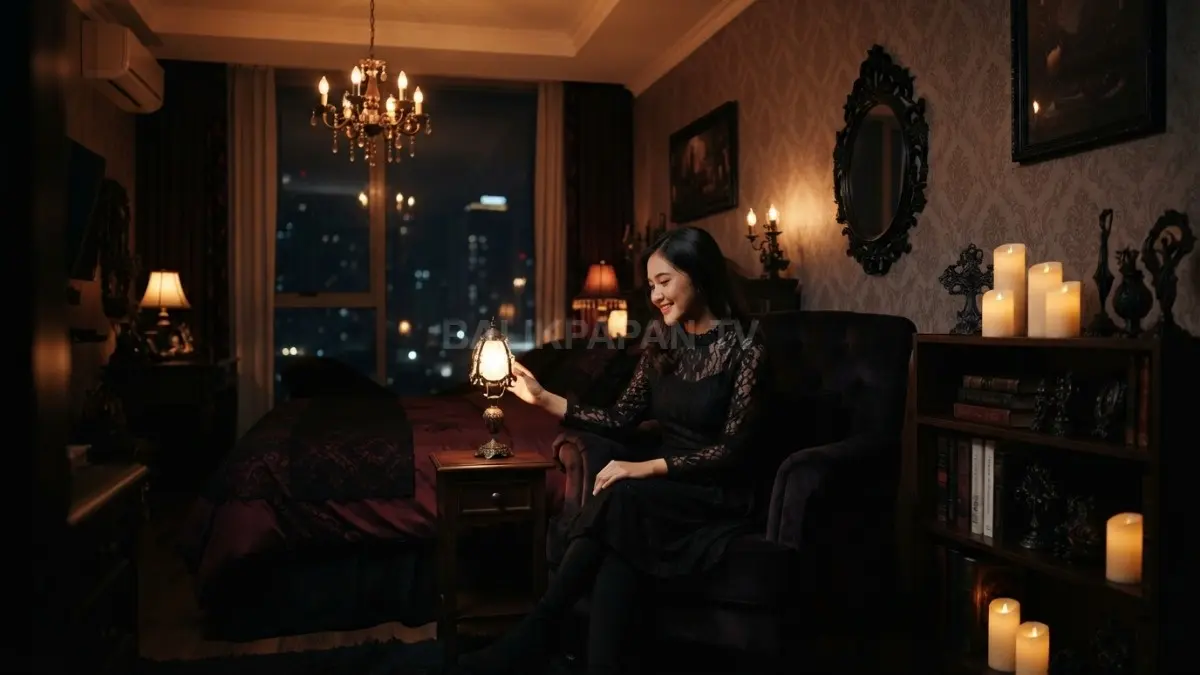 Lampu warm white menciptakan atmosfer Dark Gothic Lolita yang dramatis, nyaman, dan penuh karakter elegan dalam kamar. (BTV/AI)