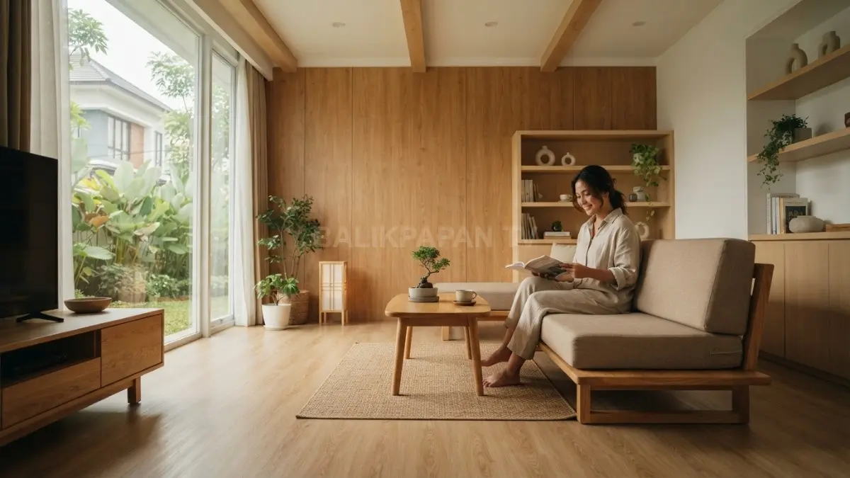 Material kayu alami memperkuat karakter ruang tamu bergaya Jepang yang nyaman, tenang, dan estetis sepanjang hari. (BTV/AI)