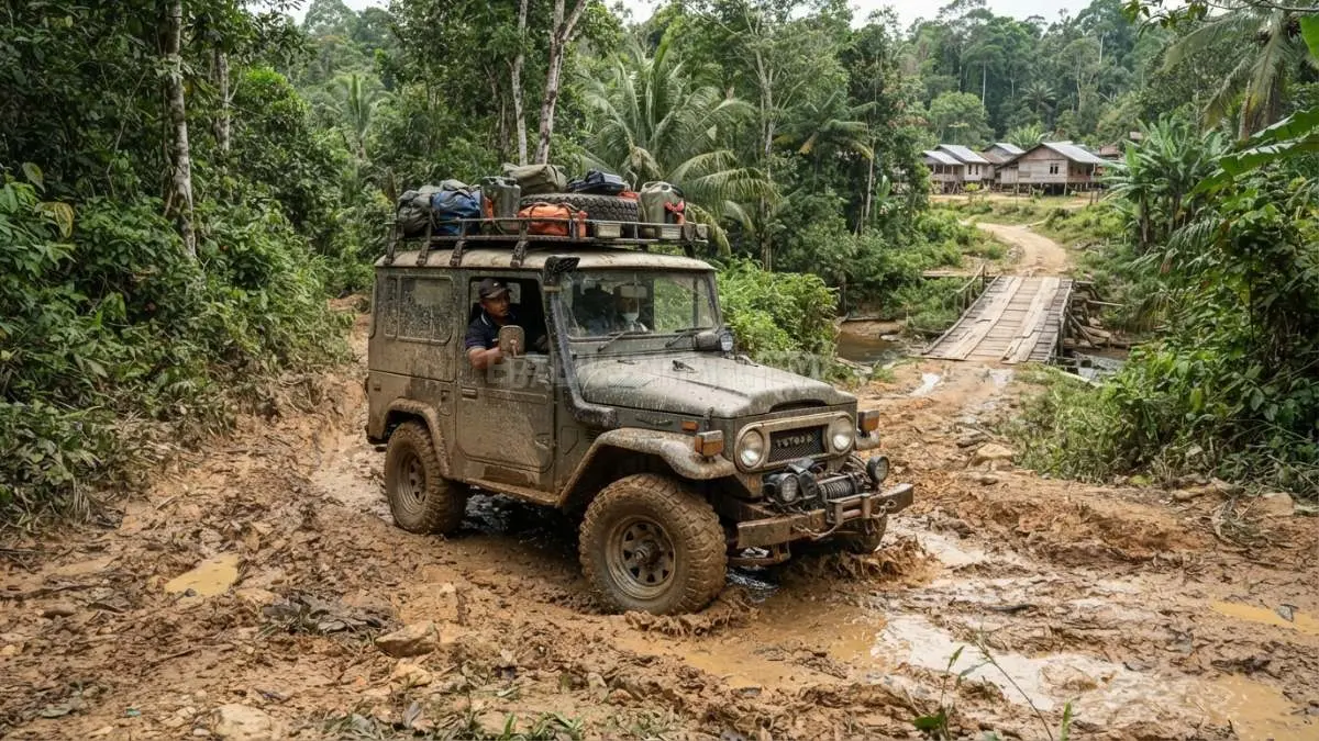 Medan ekstrem Krayan menjadikan kendaraan 4x4 sebagai transportasi utama yang andal melintasi wilayah perbatasan. (BTV/Ai)