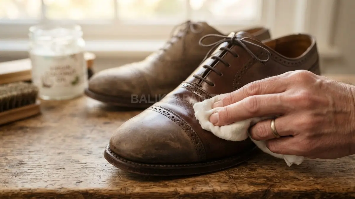 Minyak kelapa murni memberikan lapisan mengilap alami sekaligus melindungi permukaan sepatu dari goresan ringan. (BTV/Ai)