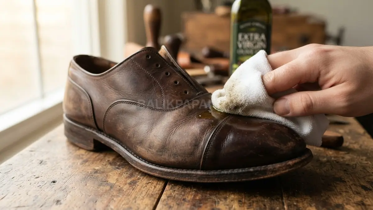 Minyak zaitun meresap halus menjaga kelembapan serta kelenturan sepatu kulit agar terlihat lebih hidup. (BTV/Ai)