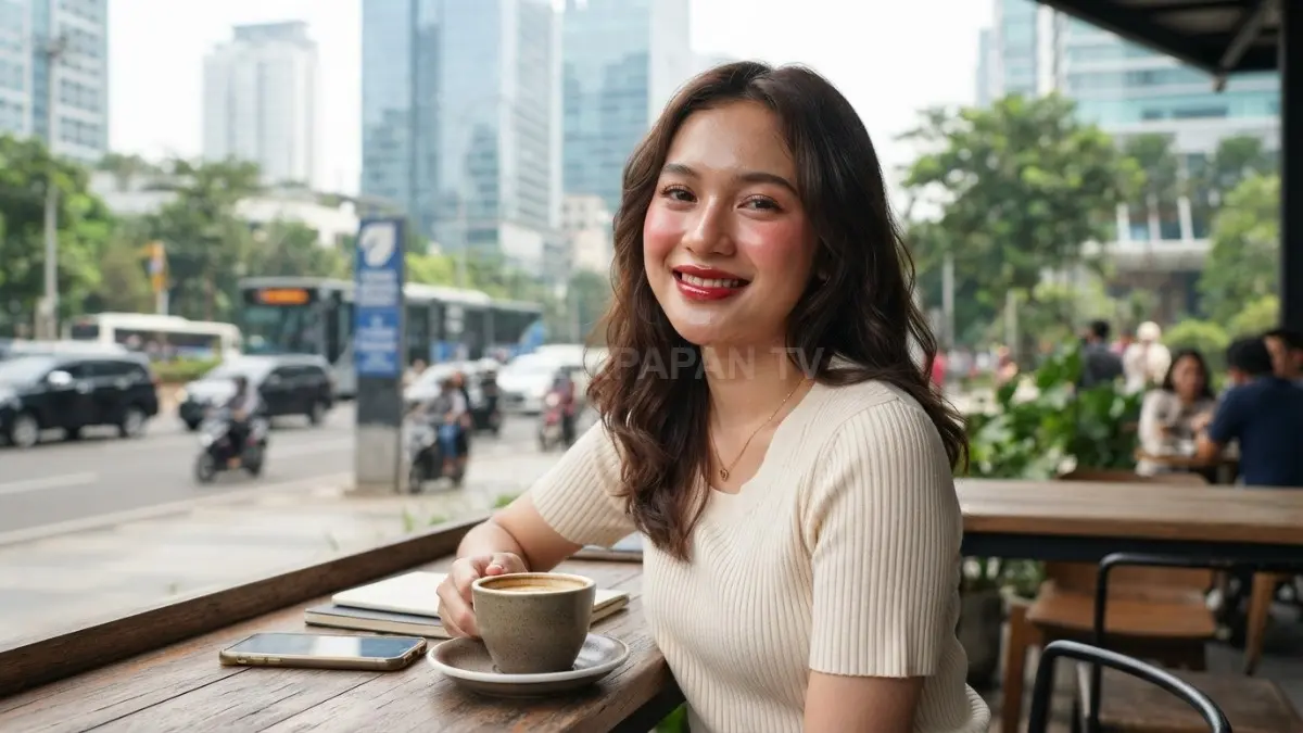 Model mengenakan cherry makeup look natural dengan kulit dewy, pipi merona merah muda, dan bibir glossy warna cherry dalam pencahayaan alami. (BTV/AI)