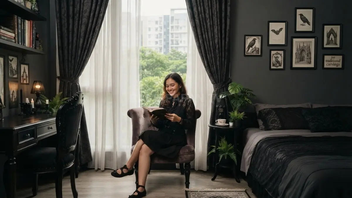 Nuansa Dark Gothic Lolita menghadirkan suasana misterius, anggun, dan nyaman tanpa mengorbankan fungsi ruang utama sehari-hari. (BTV/AI)
