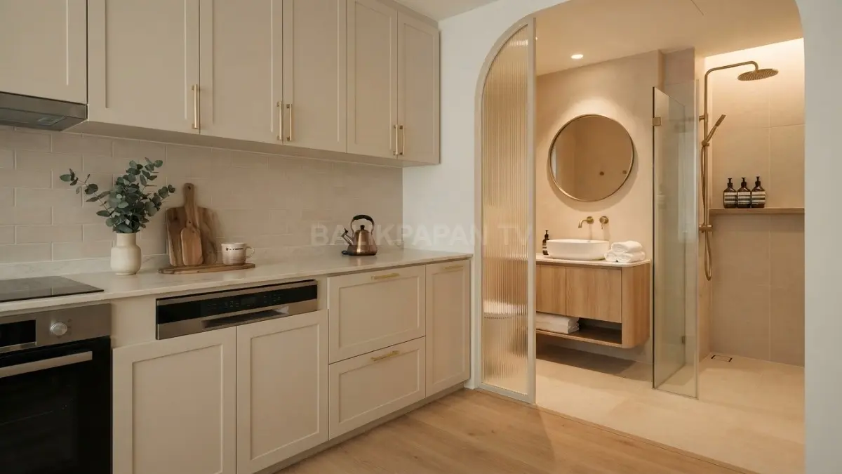 Palet warna netral menciptakan suasana dapur dan kamar mandi tenang, mewah, serta nyaman digunakan setiap hari. (BTV/AI)