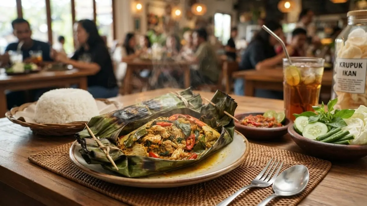 Pepes kepiting matang disajikan bersama nasi hangat, sambal, dan lalapan dalam suasana makan seafood khas Indonesia. (BTV/AI)