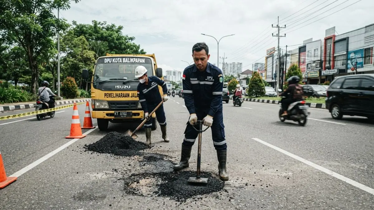 Petugas DPU Kota Balikpapan melakukan tambal sulam di Jalan Ring Road Ruhui Rahayu untuk menjaga keselamatan pengguna jalan. (BTV/AI)