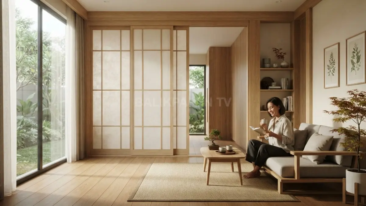 Pintu geser dan sekat kayu memperkuat nuansa Jepang tradisional dengan desain sederhana yang tetap fungsional elegan. (BTV/AI)