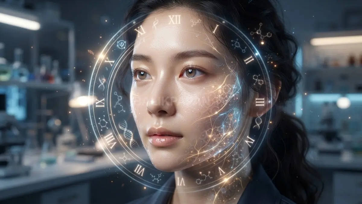 Potret kecantikan makro menampilkan kulit sehat bersinar dengan efek pencahayaan sinematik dan nuansa futuristik. (BTV/Ai)