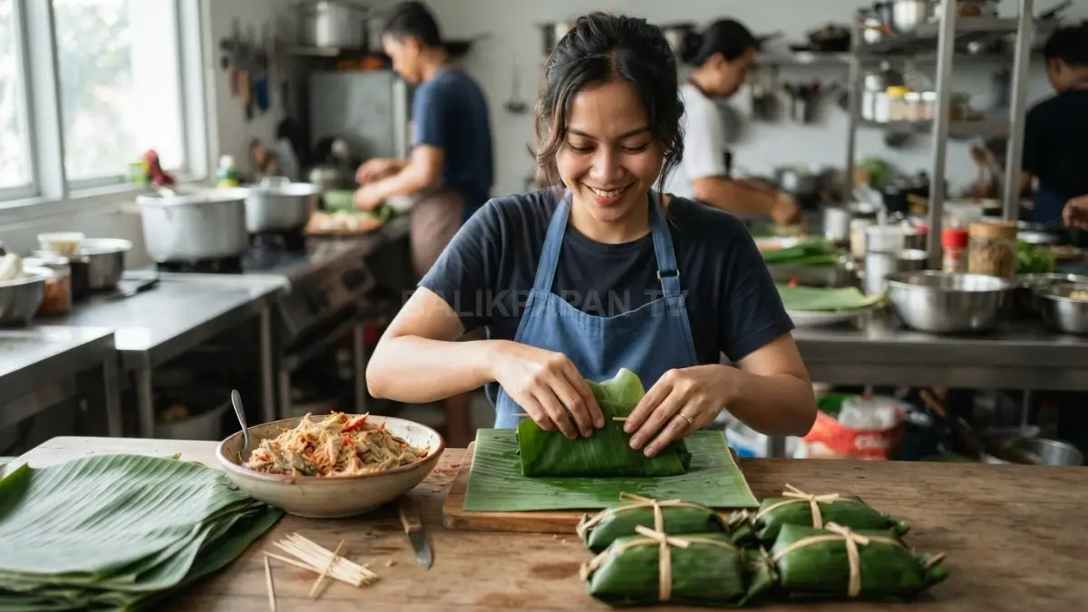 Proses membungkus daging kepiting berbumbu menggunakan daun pisang sebelum dikukus dan dibakar. (BTV/AI)