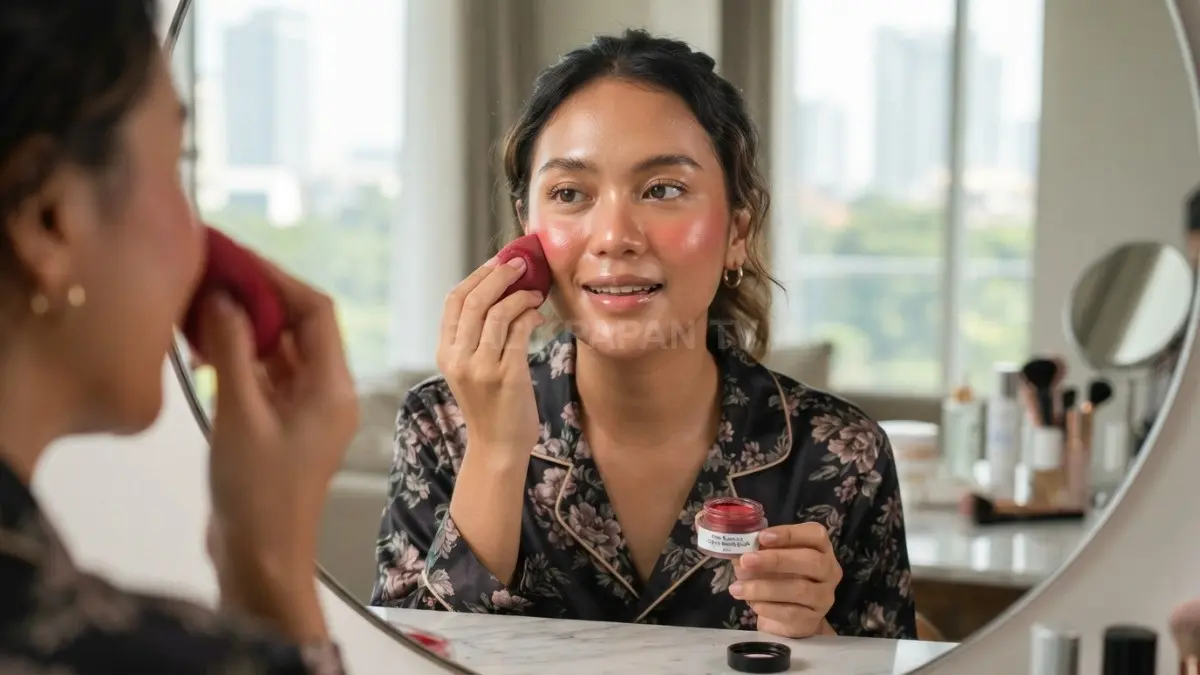 Proses mengaplikasikan cream blush bernuansa cherry pada pipi menggunakan spons makeup untuk hasil yang menyatu. (BTV/AI)