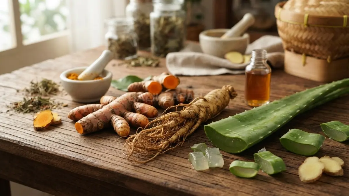 Rimpang kunyit, akar ginseng, serta daun lidah buaya segar tersusun di atas meja kayu sebagai simbol kekayaan herbal Indonesia. (BTV/AI)