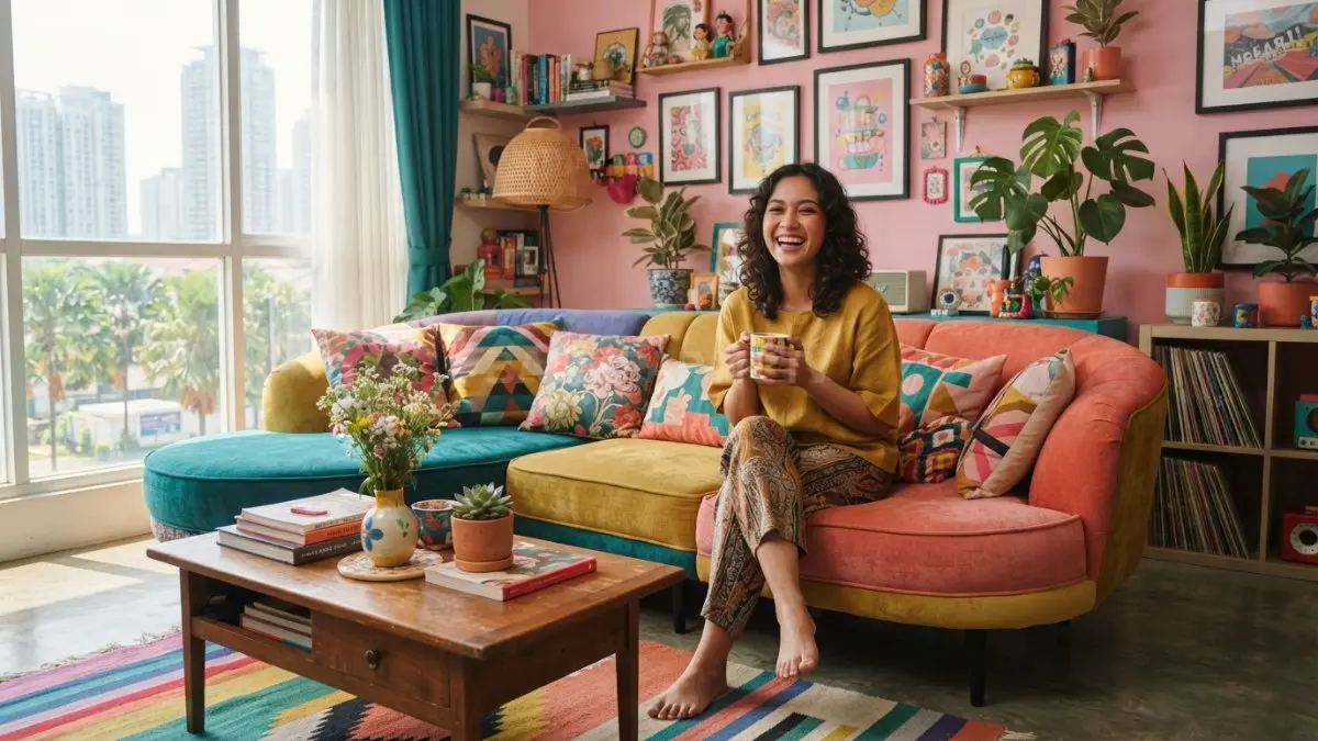 Ruang tamu bergaya Dopamine Decor dengan sofa warna-warni dan dekorasi unik. (BTV/AI)