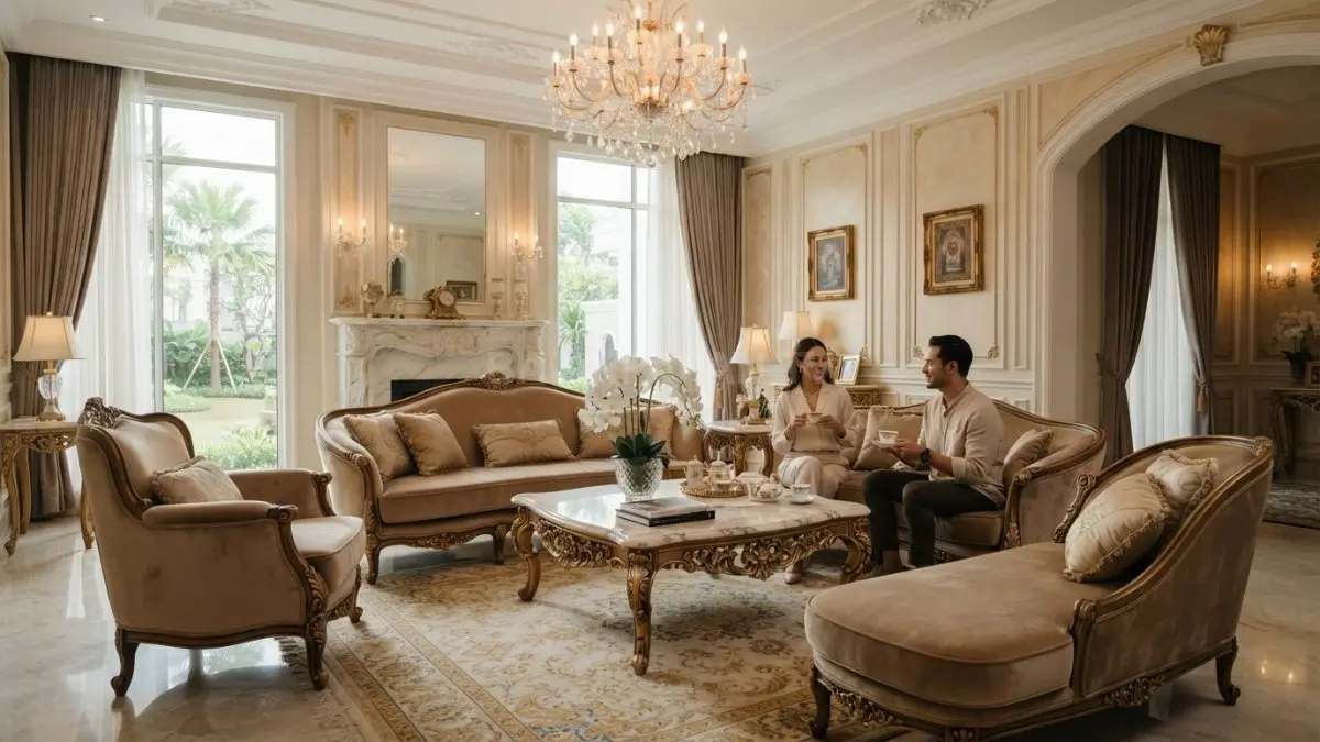 Ruang tamu bergaya istana Prancis memadukan chandelier kristal, sofa beludru, dan sentuhan marmer yang elegan mewah. (BTV/AI)