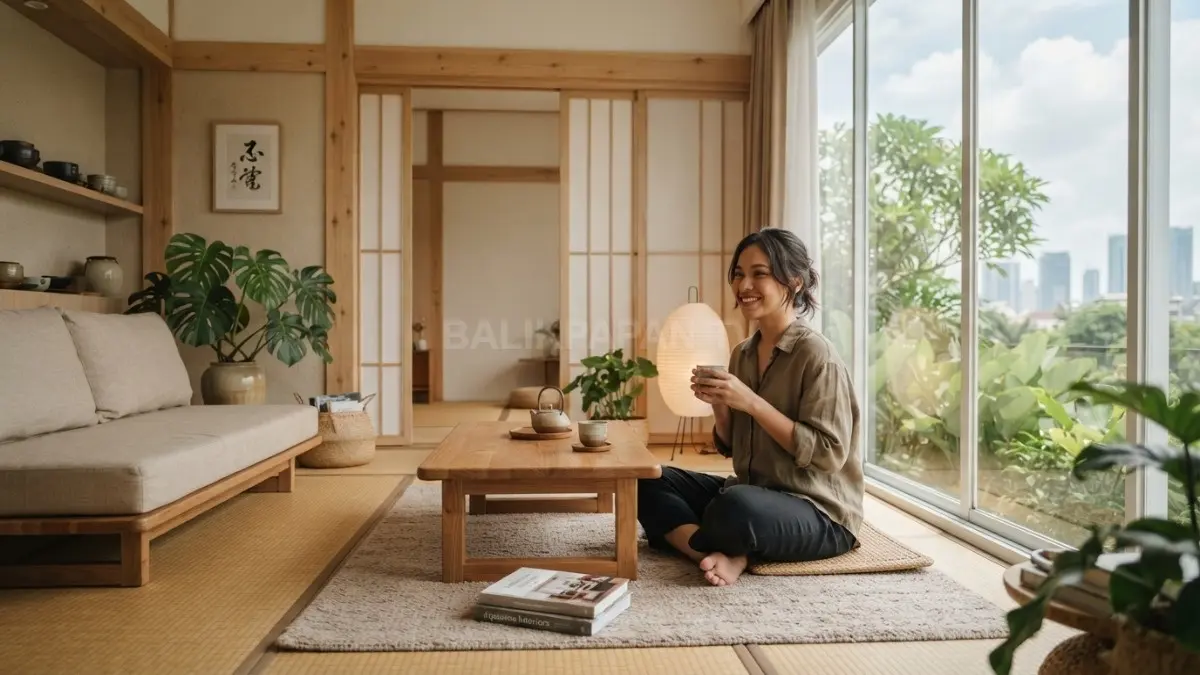Ruang tamu bergaya Jepang tradisional menghadirkan suasana tenang, hangat, nyaman, dan fungsional bagi seluruh keluarga. (BTV/AI)