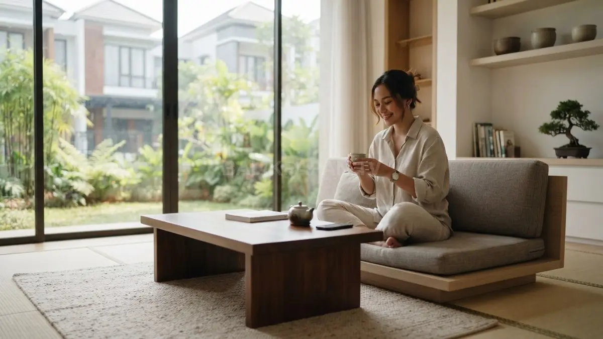 Ruang tamu bergaya Jepang tradisional menghadirkan suasana tenang, nyaman, fungsional, dan estetis melalui furnitur rendah minimalis. (BTV/AI)