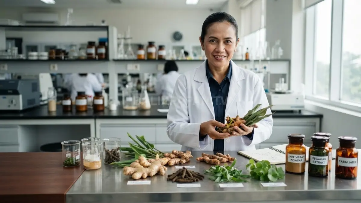 Seorang ahli memperlihatkan berbagai tanaman herbal Indonesia yang digunakan sebagai bahan baku suplemen, kosmetik, dan obat tradisional. (BTV/AI)