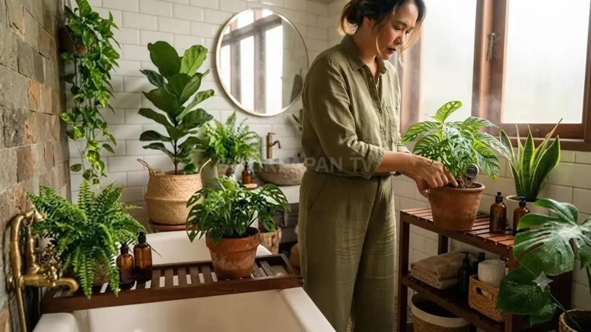 Seorang pemilik rumah memeriksa kelembapan media tanam pada tanaman monstera di dalam pot. (BTV/AI)