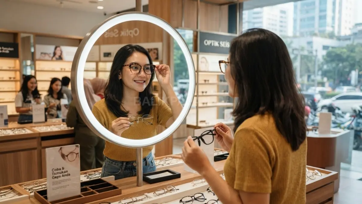 Seseorang mencoba beberapa model kacamata di depan cermin untuk menyesuaikan dengan bentuk wajah. (BTV/AI)