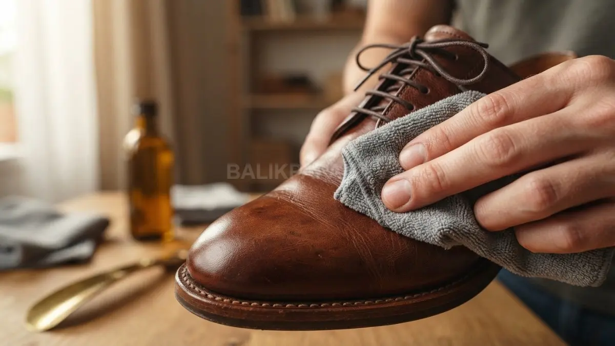 Seseorang sedang mengoleskan minyak zaitun ke permukaan sepatu kulit cokelat menggunakan kain lap mikrofiber. (BTV/Ai)