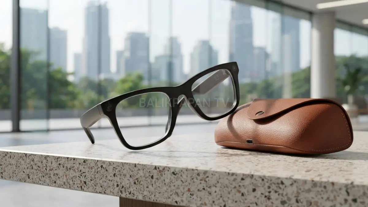 Tampak depan kacamata pintar HiTech HT3 Ultra dengan lensa bening dan kamera di sudut frame. (BTV/AI) 