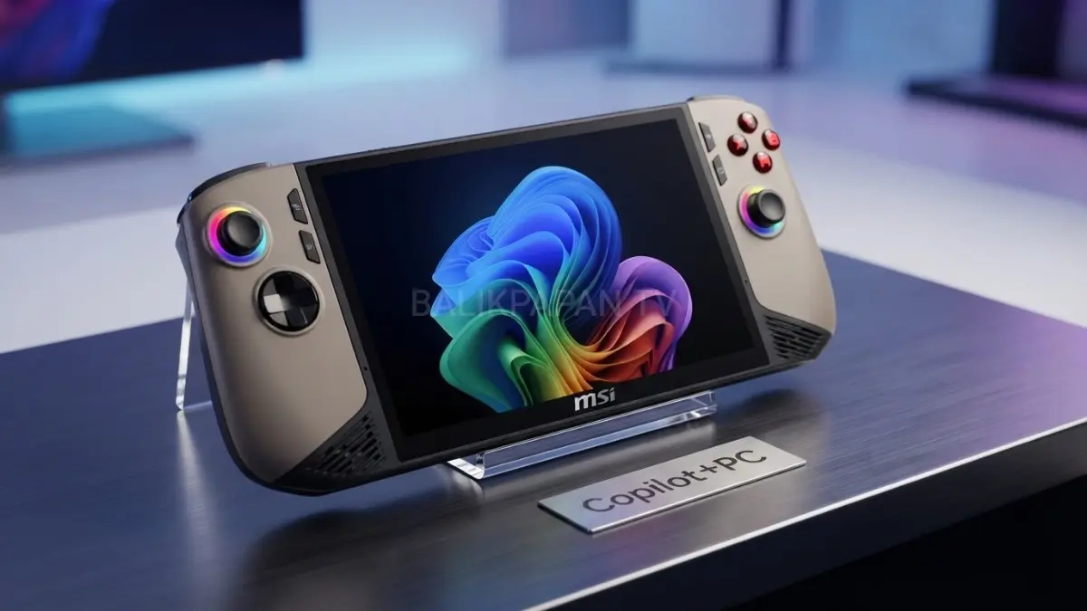 Tampak depan perangkat PC handheld MSI Claw 8 AI+ memperlihatkan layar 8 inci yang sedang menjalankan game dengan grafik detail tinggi. (BTV/AI) 