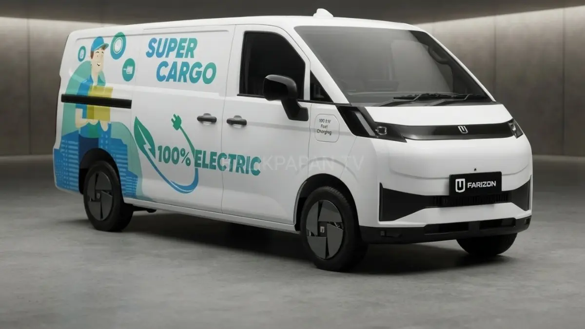Tampilan depan van listrik Farizon V8e dengan desain futuristik dan lampu DRL LED modern. (BTV/AI) 