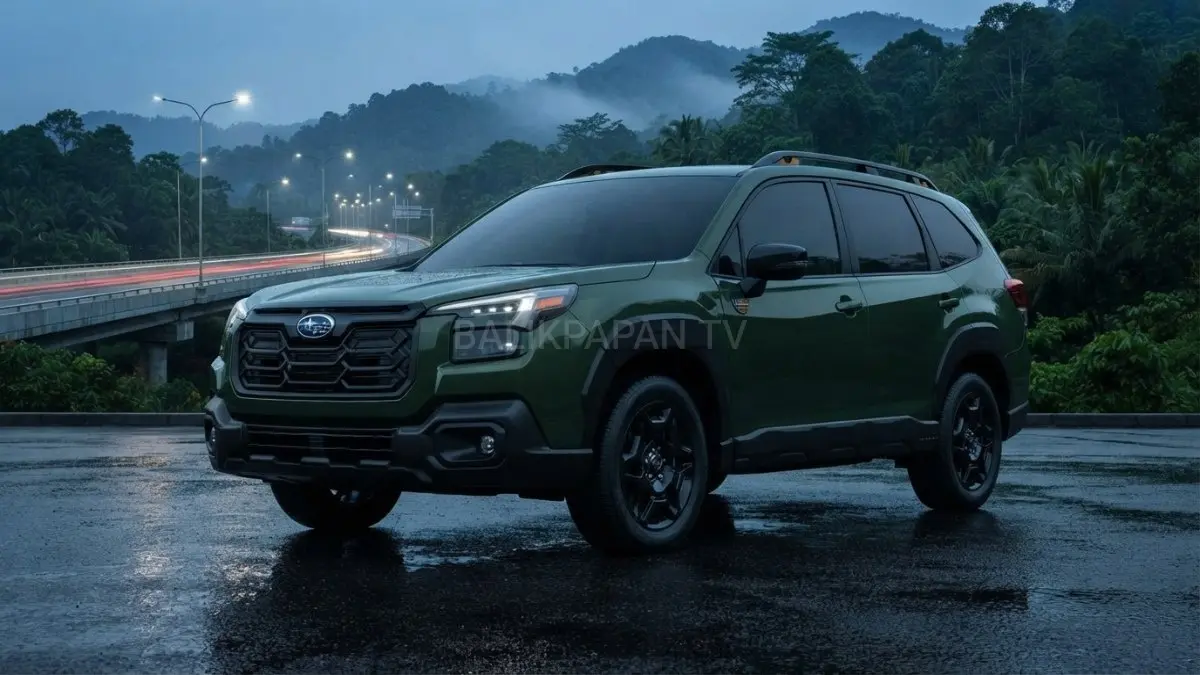 Tampilan fascia depan Subaru Outback 2026 yang mengotak dan tegas dengan grill besar. (BTV/AI) 