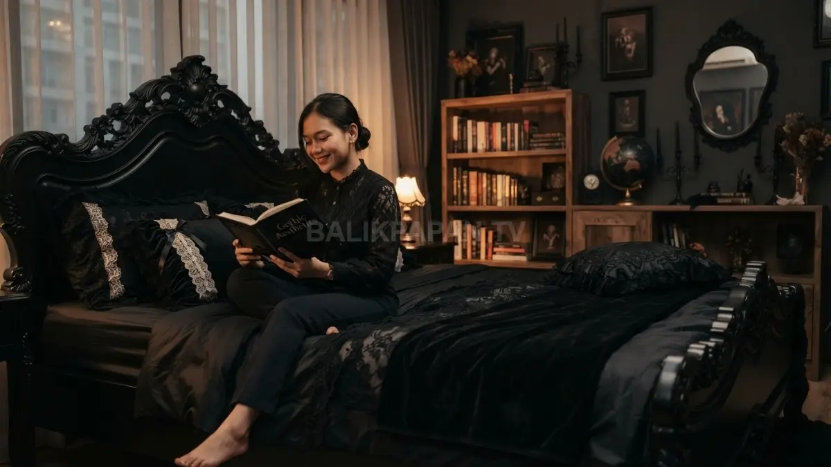 Tempat tidur bergaya Victorian menjadi pusat perhatian dalam kamar Dark Gothic Lolita yang anggun dan berkarakter kuat. (BTV/AI)