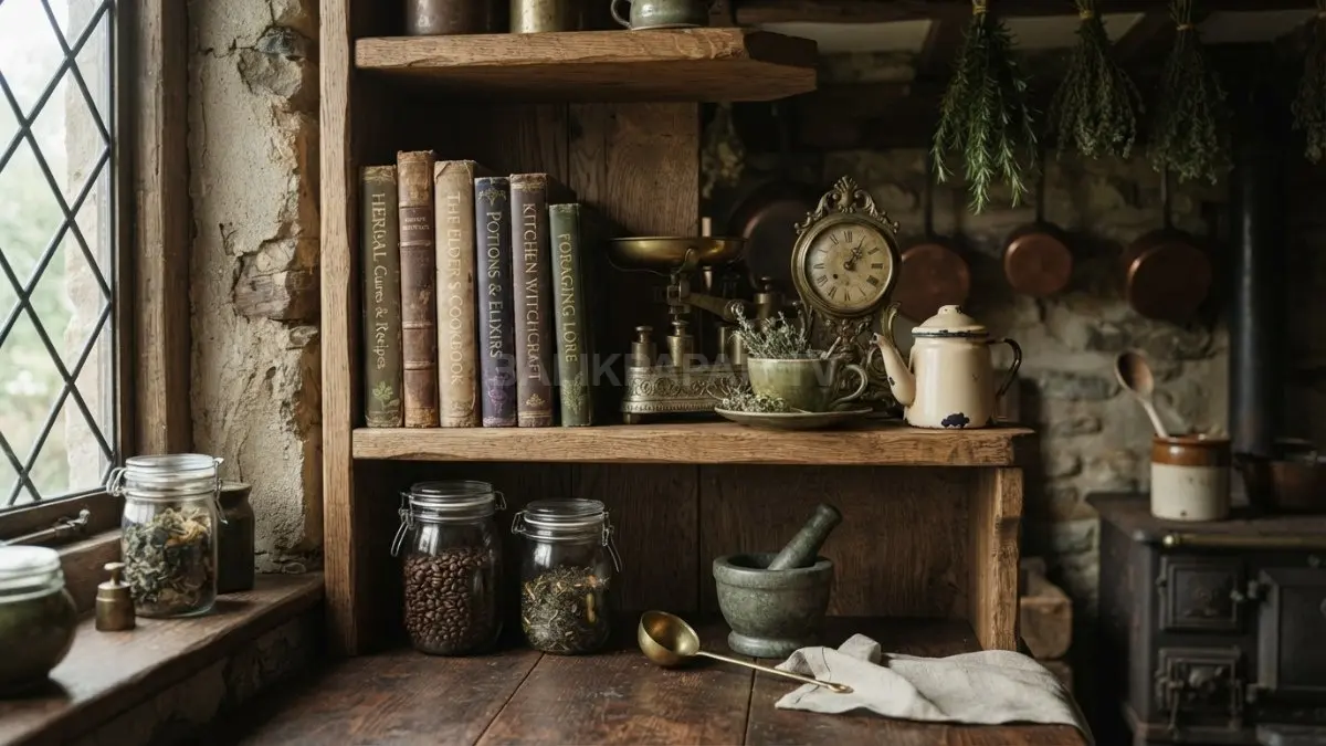Aksesori vintage menciptakan dapur bergaya penyihir yang hangat, artistik, dan nyaman digunakan setiap hari untuk memasak. (BTV/AI)