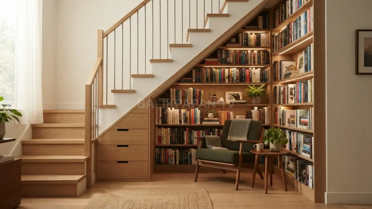 Area bawah tangga disulap menjadi perpustakaan mini yang fungsional, nyaman, serta mempercantik tampilan rumah minimalis. (BTV/AI)