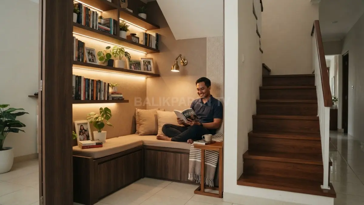 Area bawah tangga disulap menjadi ruang persembunyian fungsional dengan desain estetik dan pencahayaan hangat yang nyaman. (BTV/AI)