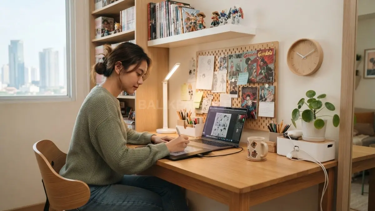 Area kerja bergaya studio ilustrator komik memadukan meja sederhana, rak buku, dan pencahayaan fungsional modern elegan. (BTV/AI)