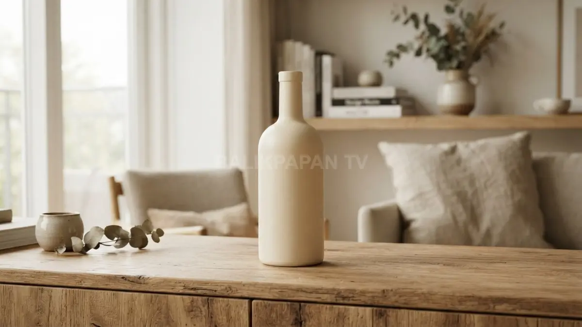 Botol kaca warna pastel bergaya Skandinavia mempercantik tampilan hunian modern yang dipadu furnitur kayu. (BTV/Ai)