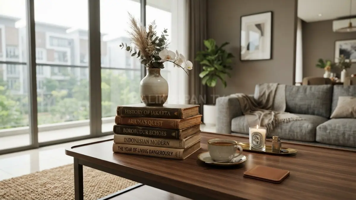Buku bekas ditata horizontal menjadi alas dekorasi elegan pada meja ruang tamu bergaya modern. (BTV/AI)
